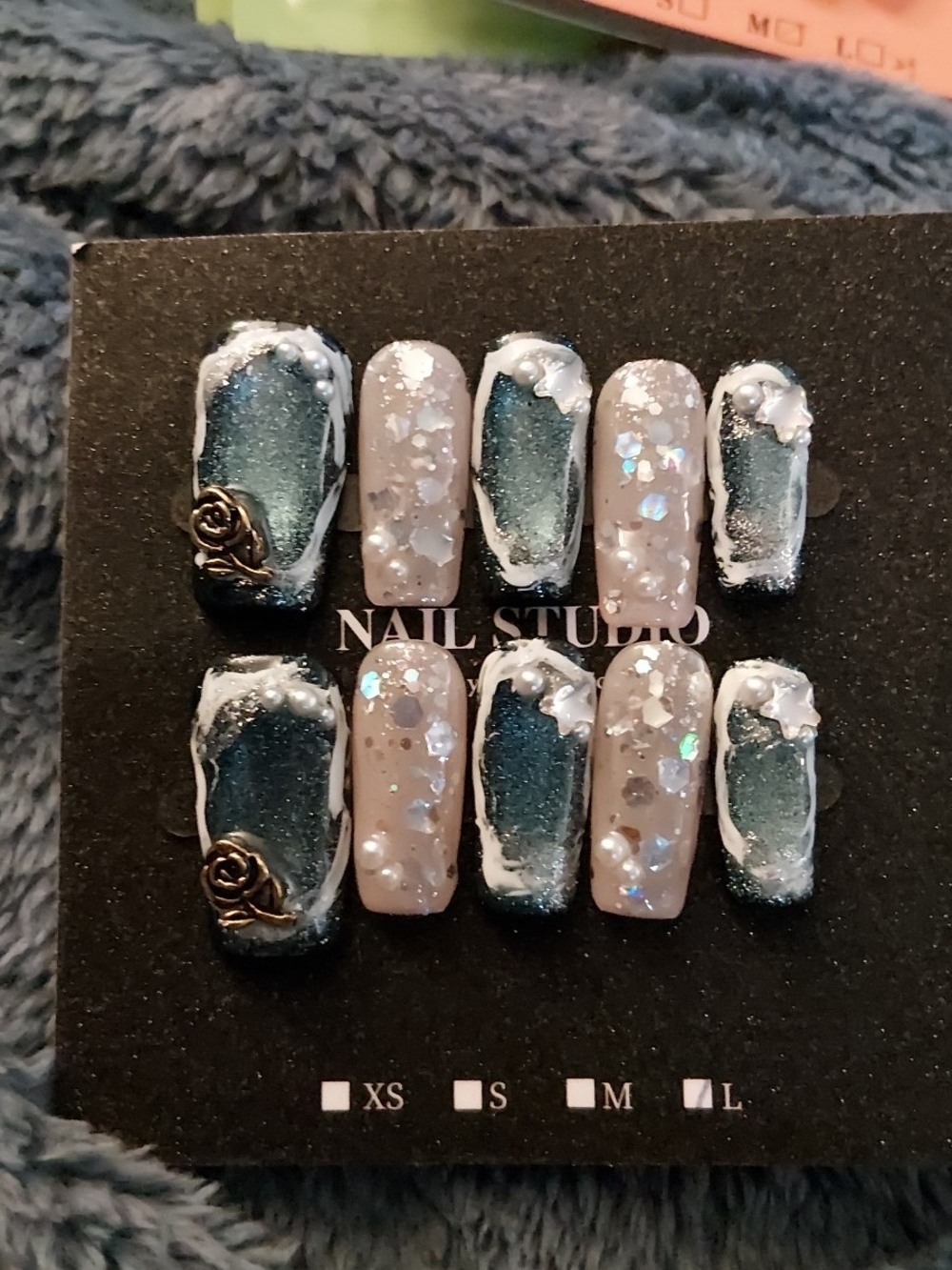 Handcrafted Blue & Cream Press-On Nail Set with Pearl Accents